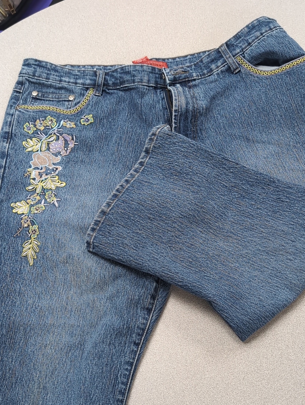 Cosmopolitan Blue Embroidered Ankle Jeans with Yellow Trim